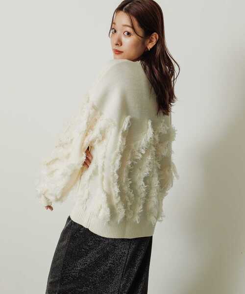 SENSE OF PLACE by URBAN RESEARCH（センスオブプレイスバイアーバンリサーチ）の「カットフリンジセーター（ニット/セーター・レディース・アイボリー/チャコールグレー/オレンジ・ONE）」の6枚目の写真