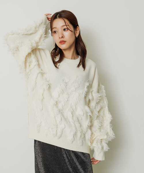 SENSE OF PLACE by URBAN RESEARCH（センスオブプレイスバイアーバンリサーチ）の「カットフリンジセーター（ニット/セーター・レディース・アイボリー/チャコールグレー/オレンジ・ONE）」の7枚目の写真