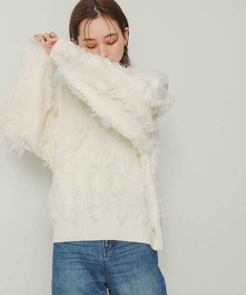 SENSE OF PLACE by URBAN RESEARCH（センスオブプレイスバイアーバンリサーチ）の「カットフリンジセーター（ニット/セーター・レディース・アイボリー/チャコールグレー/オレンジ・ONE）」の13枚目の写真