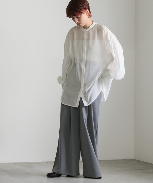 select MOCA（セレクトモカ）の「ストライプシアーボリュームスリーブシャツ（シャツ/ブラウス・レディース・ブラック/ライトグリーン/ベージュ/オフホワイト・FREE）」の9枚目の写真