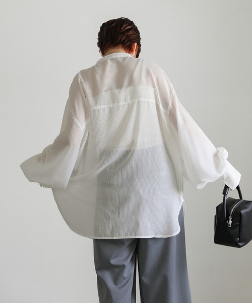 select MOCA（セレクトモカ）の「ストライプシアーボリュームスリーブシャツ（シャツ/ブラウス・レディース・ブラック/ライトグリーン/ベージュ/オフホワイト・FREE）」の8枚目の写真