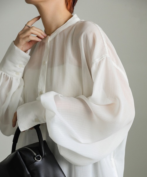 select MOCA（セレクトモカ）の「ストライプシアーボリュームスリーブシャツ（シャツ/ブラウス・レディース・ブラック/ライトグリーン/ベージュ/オフホワイト・FREE）」の7枚目の写真