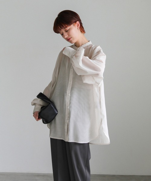 select MOCA（セレクトモカ）の「ストライプシアーボリュームスリーブシャツ（シャツ/ブラウス・レディース・ブラック/ライトグリーン/ベージュ/オフホワイト・FREE）」の22枚目の写真