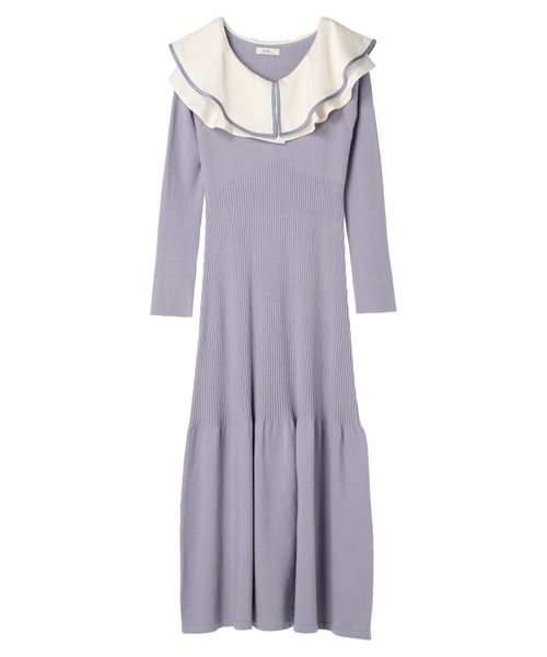 earth music&ecology（アースミュージックアンドエコロジー）の「パイピングフレアカラーニットワンピース（ワンピース・レディース・アイボリー/ブラック/グレイッシュブルー・FREE）」の12枚目の写真