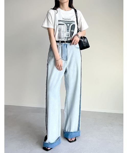 Re:EDIT(リエディ)の「モノクロ風景フォト×シックなフォトプリントT(Tシャツ/カットソー・レディース・ホワイト/ブラック/ホワイト×ブルー/ブラック×ブルー・MEDIUM/LARGE)」の7枚目の写真