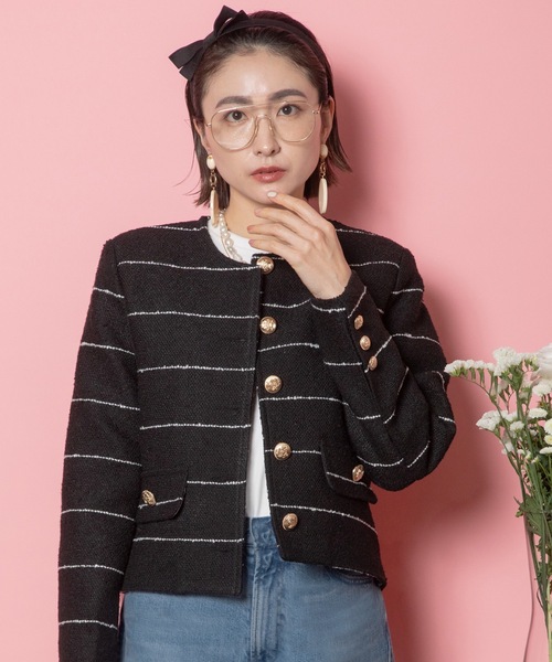 MHBG TOKYO(エムエイチビージートーキョー)の「ボーダー金B ノーカラージャケット(ノーカラージャケット・レディース・ブラック/アイボリー・FREE)」の2枚目の写真