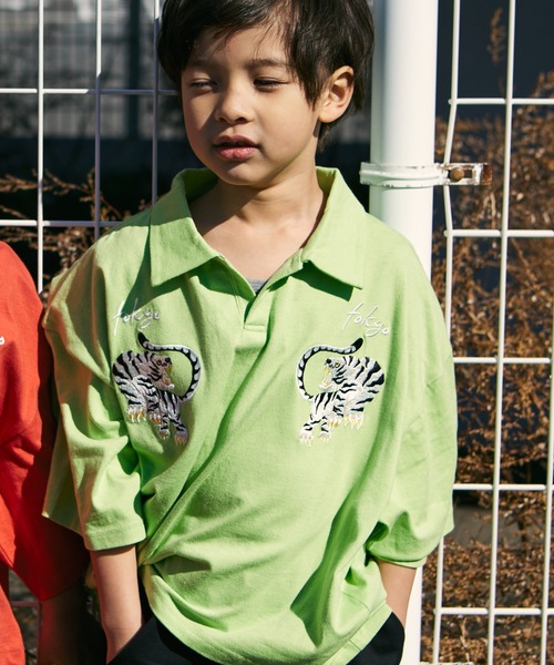 PAIRMANON STREET（ペアマノンストリート）の「【PAIRMANON STREET】ビッグシルエット スキッパー スカジャン風 刺繍 半袖 Tシャツ（ポロシャツ・キッズ・イエロー系その他/ブラック系その他/グリーン系その他/レッド系その他・100/90/130/120/110/150/140）」の11枚目の写真