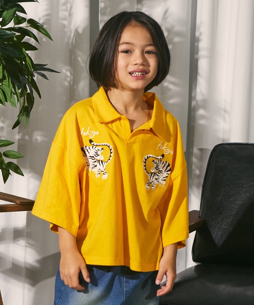 PAIRMANON STREET（ペアマノンストリート）の「【PAIRMANON STREET】ビッグシルエット スキッパー スカジャン風 刺繍 半袖 Tシャツ（ポロシャツ・キッズ・イエロー系その他/ブラック系その他/グリーン系その他/レッド系その他・100/90/130/120/110/150/140）」の13枚目の写真