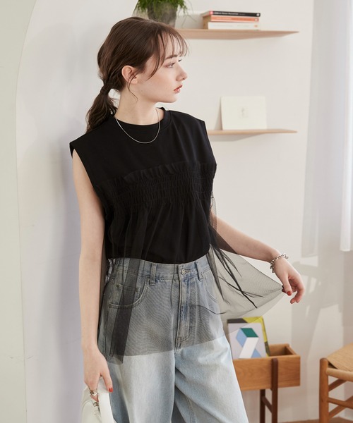 美品24SS ESTNATION チュールドッキングノースリーブニット sakishimatokyo ニット セーター チュールドッキング