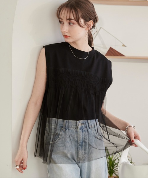 セール】チュールドッキングノースリーブT（Tシャツ/カットソー