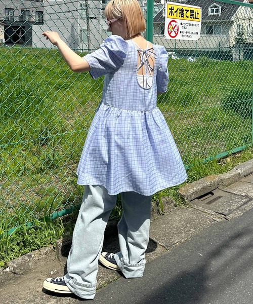 Alley by w closet（アリーバイダブルクローゼット）の「【Alley】肩きゃしゃ見え袖の夏っぽチェックワンピ（ワンピース・レディース・パープル/サックスブルー・FREE）」の7枚目の写真