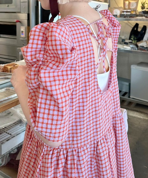 Alley by w closet（アリーバイダブルクローゼット）の「【Alley】肩きゃしゃ見え袖の夏っぽチェックワンピ（ワンピース・レディース・パープル/サックスブルー・FREE）」の15枚目の写真