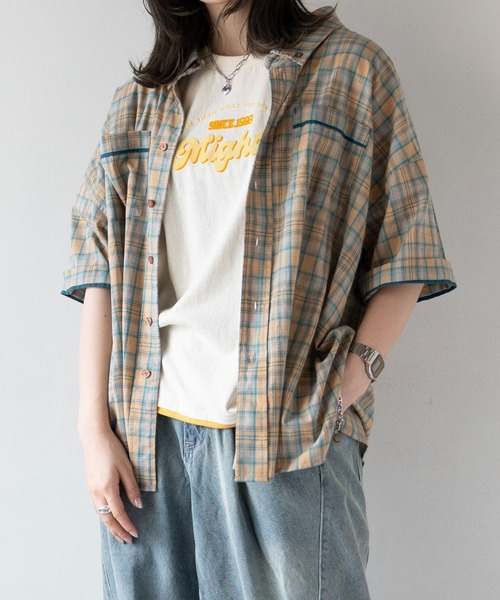 DOUBLE NAME(ダブルネーム)の「チェックパイピングボタンダウンシャツ/ユニセックス(シャツ/ブラウス・メンズ・オレンジ/パープル/ブルー・FREE)」の2枚目の写真