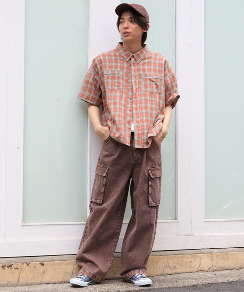 DOUBLE NAME(ダブルネーム)の「チェックパイピングボタンダウンシャツ/ユニセックス(シャツ/ブラウス・メンズ・オレンジ/パープル/ブルー・FREE)」の7枚目の写真