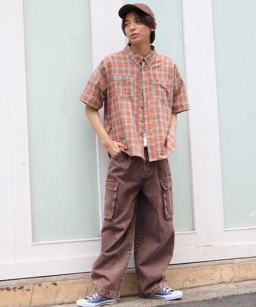 DOUBLE NAME(ダブルネーム)の「チェックパイピングボタンダウンシャツ/ユニセックス(シャツ/ブラウス・メンズ・オレンジ/パープル/ブルー・FREE)」の8枚目の写真