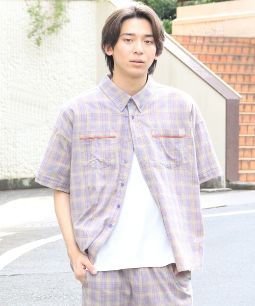 DOUBLE NAME(ダブルネーム)の「チェックパイピングボタンダウンシャツ/ユニセックス(シャツ/ブラウス・メンズ・オレンジ/パープル/ブルー・FREE)」の21枚目の写真