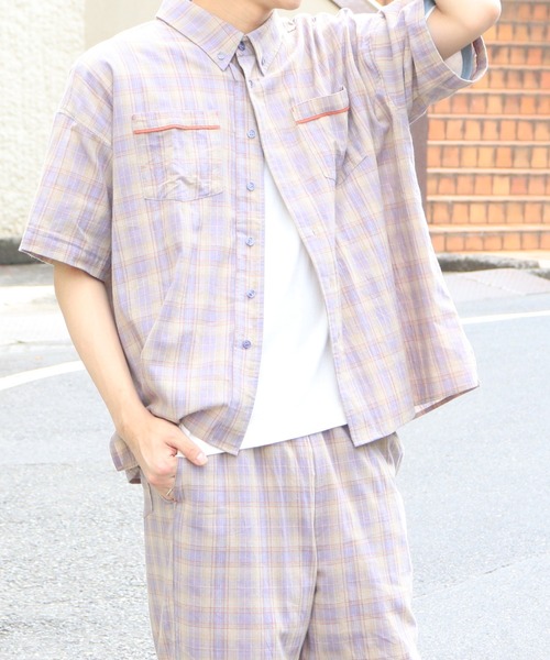 DOUBLE NAME(ダブルネーム)の「チェックパイピングボタンダウンシャツ/ユニセックス(シャツ/ブラウス・メンズ・オレンジ/パープル/ブルー・FREE)」の10枚目の写真
