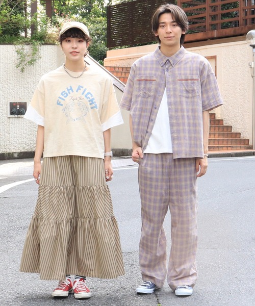 DOUBLE NAME(ダブルネーム)の「チェックパイピングボタンダウンシャツ/ユニセックス(シャツ/ブラウス・メンズ・オレンジ/パープル/ブルー・FREE)」の16枚目の写真