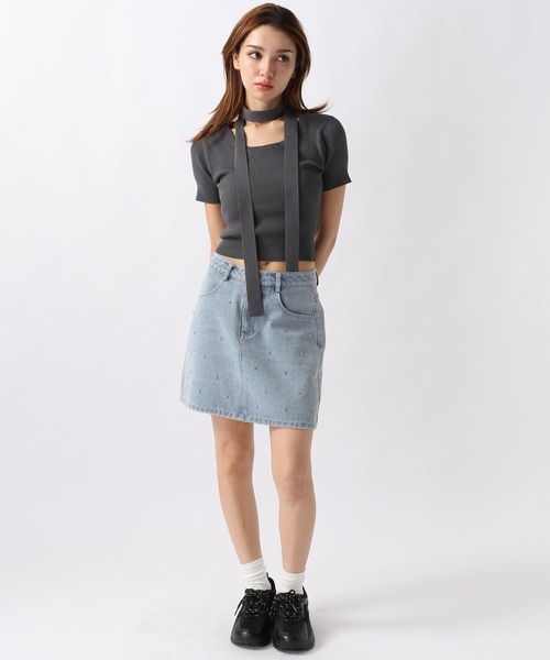 FOREVER 21(フォーエバー トゥエンティーワン)の「【2024SS】ボウタイ付きリブニット(ニット/セーター・レディース・グレー/ブラック/ホワイト・FREE)」の5枚目の写真