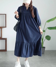 ピンタックコットンティアードワンピース【大きいサイズ対応】