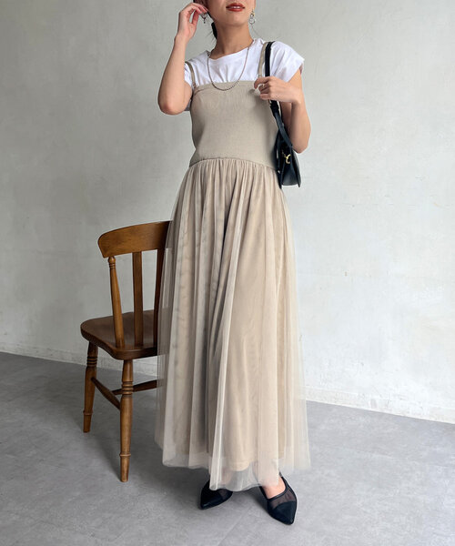 Chez toi(シェトワ)の「リブニット×チュールキャミワンピース(ワンピース・レディース・グレー/グレイッシュベージュ/ブラック・FREE)」の1枚目の写真