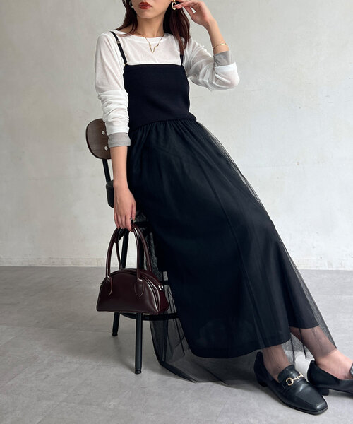 Chez toi(シェトワ)の「リブニット×チュールキャミワンピース(ワンピース・レディース・グレー/グレイッシュベージュ/ブラック・FREE)」の2枚目の写真