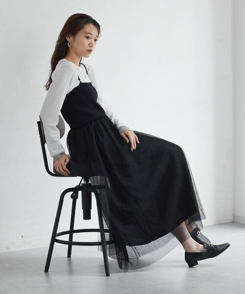 Chez toi(シェトワ)の「リブニット×チュールキャミワンピース(ワンピース・レディース・グレー/グレイッシュベージュ/ブラック・FREE)」の5枚目の写真
