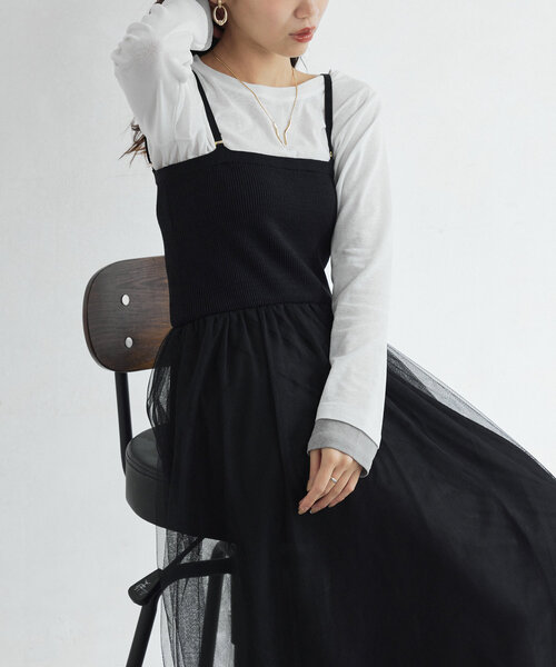 Chez toi(シェトワ)の「リブニット×チュールキャミワンピース(ワンピース・レディース・グレー/グレイッシュベージュ/ブラック・FREE)」の7枚目の写真