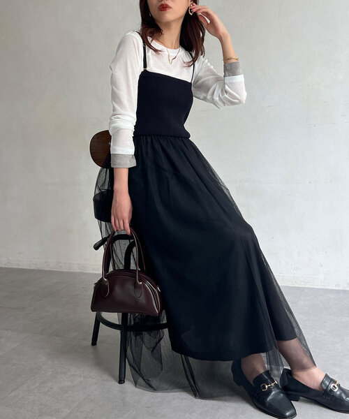Chez toi(シェトワ)の「リブニット×チュールキャミワンピース(ワンピース・レディース・グレー/グレイッシュベージュ/ブラック・FREE)」の8枚目の写真