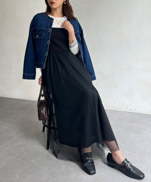 Chez toi(シェトワ)の「リブニット×チュールキャミワンピース(ワンピース・レディース・グレー/グレイッシュベージュ/ブラック・FREE)」の9枚目の写真