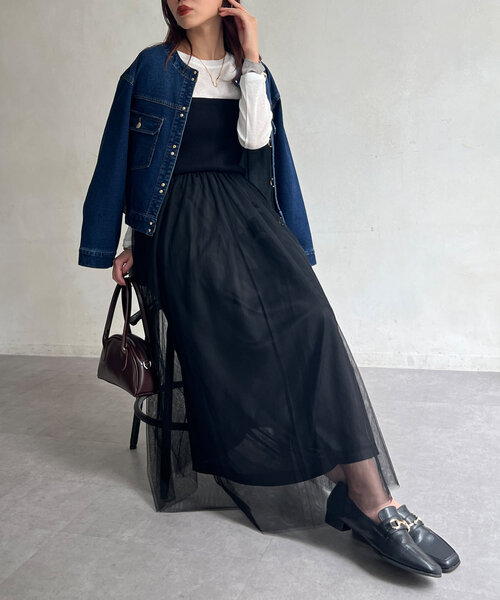 Chez toi(シェトワ)の「リブニット×チュールキャミワンピース(ワンピース・レディース・グレー/グレイッシュベージュ/ブラック・FREE)」の10枚目の写真