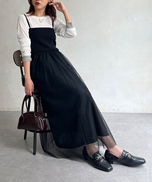 Chez toi(シェトワ)の「リブニット×チュールキャミワンピース(ワンピース・レディース・グレー/グレイッシュベージュ/ブラック・FREE)」の12枚目の写真