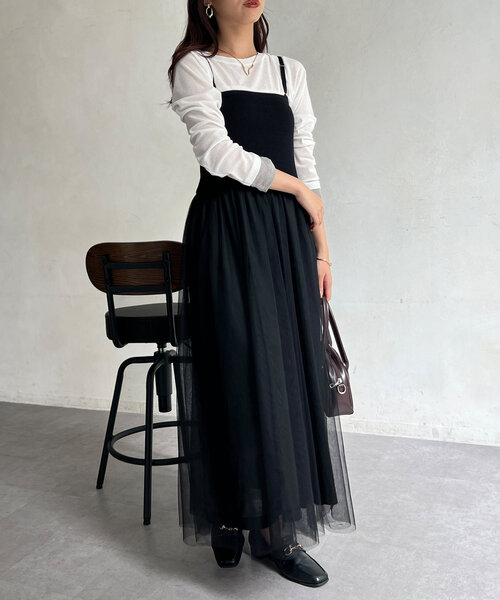 Chez toi(シェトワ)の「リブニット×チュールキャミワンピース(ワンピース・レディース・グレー/グレイッシュベージュ/ブラック・FREE)」の13枚目の写真