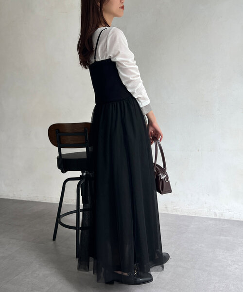 Chez toi(シェトワ)の「リブニット×チュールキャミワンピース(ワンピース・レディース・グレー/グレイッシュベージュ/ブラック・FREE)」の16枚目の写真