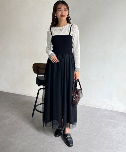 Chez toi(シェトワ)の「リブニット×チュールキャミワンピース(ワンピース・レディース・グレー/グレイッシュベージュ/ブラック・FREE)」の17枚目の写真