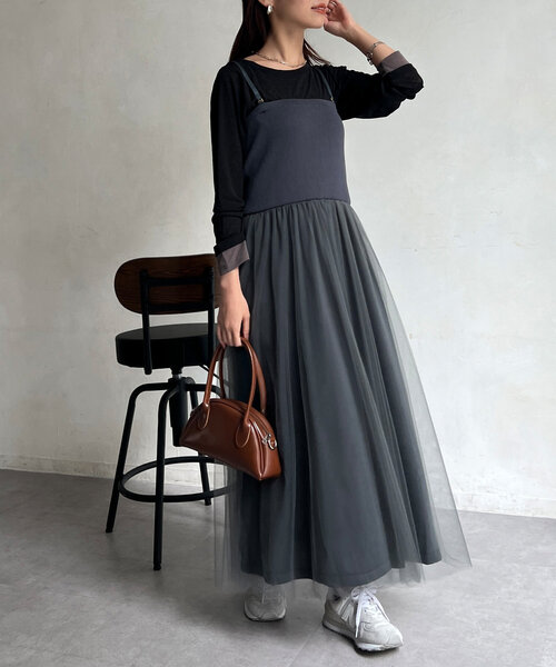 Chez toi(シェトワ)の「リブニット×チュールキャミワンピース(ワンピース・レディース・グレー/グレイッシュベージュ/ブラック・FREE)」の20枚目の写真