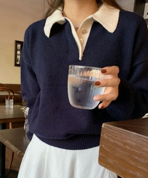ABITOKYO(アビトーキョー)の「配色ポロ衿ニットプルオーバー(ニット/セーター・レディース・グレー/ネイビー・FREE)」の2枚目の写真