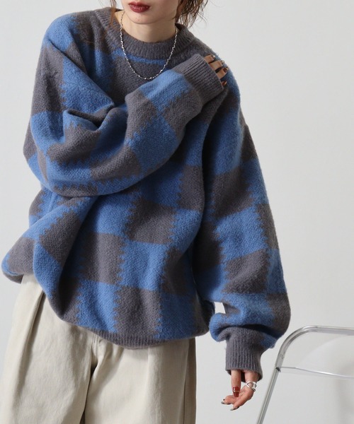 SUGGESTION（サジェッション）の「Checkered crew neck sweater / チェッカークルーネックセーター unisex（ニット/セーター・メンズ・グレー/ライトグレー/チャコール・M/L）」の2枚目の写真