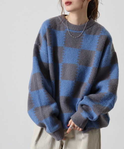 SUGGESTION（サジェッション）の「Checkered crew neck sweater / チェッカークルーネックセーター unisex（ニット/セーター・メンズ・グレー/ライトグレー/チャコール・M/L）」の9枚目の写真