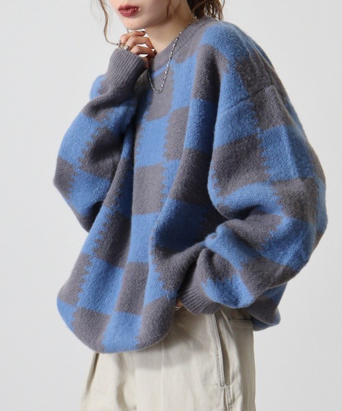 SUGGESTION（サジェッション）の「Checkered crew neck sweater / チェッカークルーネックセーター unisex（ニット/セーター・メンズ・グレー/ライトグレー/チャコール・M/L）」の8枚目の写真