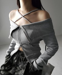 ※※【 3WAY 】クロスストラップリボンオフショルスウェットライクトップス / cross strap ribbon off shoulder sweat like tops