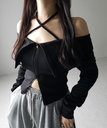 ※※【 3WAY 】クロスストラップリボンオフショルスウェットライクトップス / cross strap ribbon off shoulder sweat like tops
