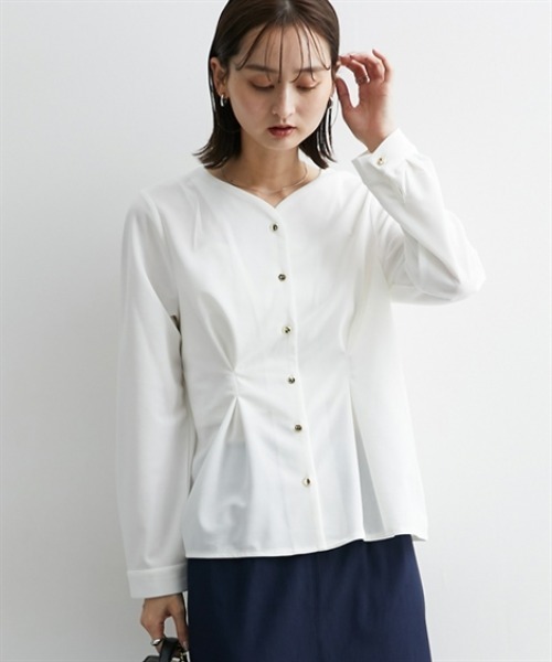 nissen（ニッセン）の「フロントタック入前開きブラウス【ＵＶカット・洗濯機ＯＫ】（シャツ/ブラウス・レディース・ネイビー/サックスブルー/オフホワイト・S/M/L/LL）」の4枚目の写真