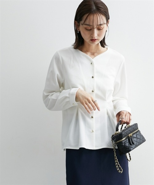 nissen（ニッセン）の「フロントタック入前開きブラウス【ＵＶカット・洗濯機ＯＫ】（シャツ/ブラウス・レディース・ネイビー/サックスブルー/オフホワイト・S/M/L/LL）」の8枚目の写真