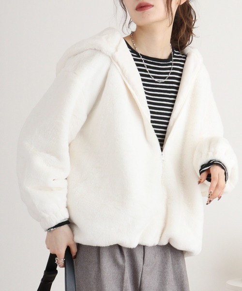 mitis フェイクファー フード付きZIPブルゾン（ムートンコート