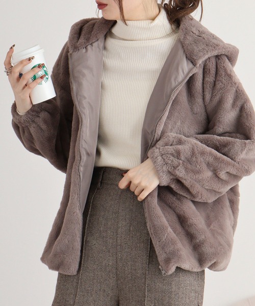 セール】mitis フェイクファー フード付きZIPブルゾン（ムートン