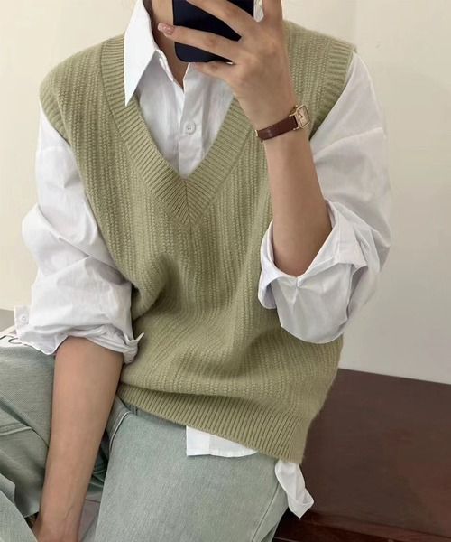 aimoha（アイモハ）の「ニットベスト（ベスト・レディース・ライトベージュ/グリーン/キャメル・FREE）」の11枚目の写真