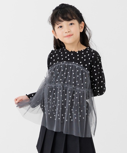 セール】総柄チュール付きリブ長袖カットソー（Tシャツ/カットソー 
