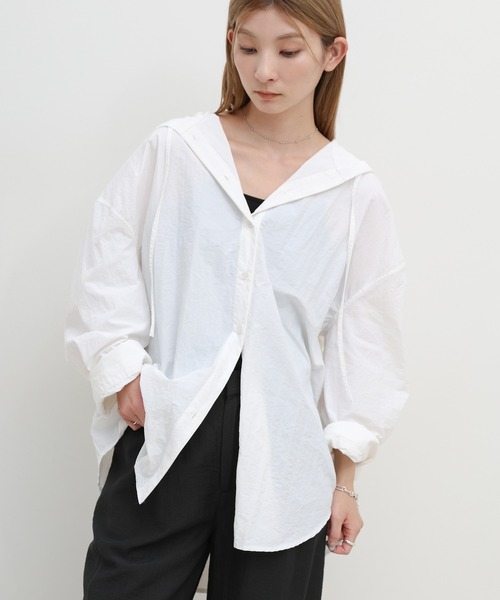 select MOCA(セレクトモカ)の「【定番】フード付きナイロンシャツ(シャツ/ブラウス・レディース・ネイビー/オフホワイト・FREE/SMALL)」の16枚目の写真