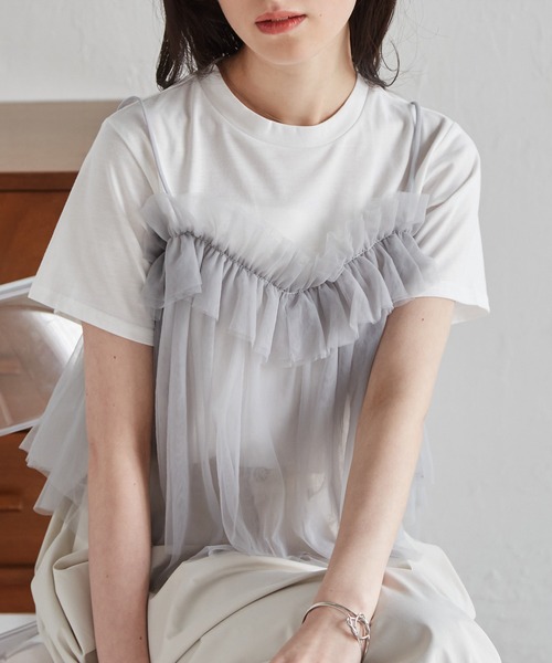 RANAN（ラナン）の「チュールビスチェドッキングＴシャツ（Tシャツ/カットソー・レディース・ホワイト×ブラック/ホワイト×グレー/チャコールグレー×ブラック/ブラック・LL/L/M）」の3枚目の写真